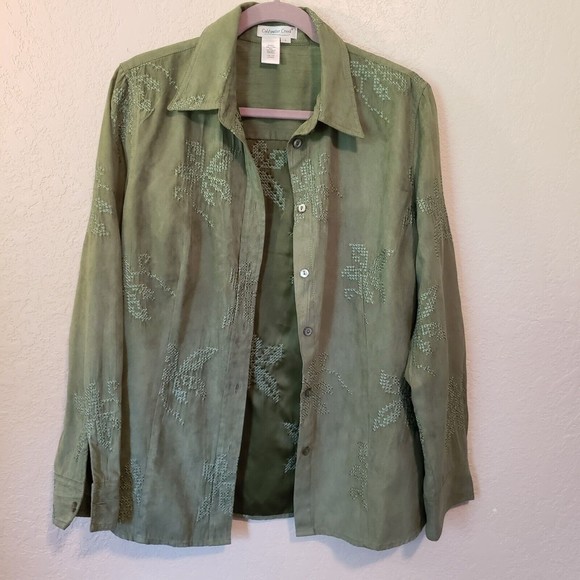 Coldwater Creek Green Faux Suede Embroidered Button Down Blouse Shacket Sz Large - Picture 1 of 7